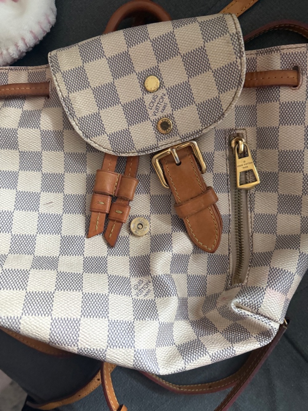Louis Vuitton Beige Check Backpack with Tan Leather Trim - Damier azur